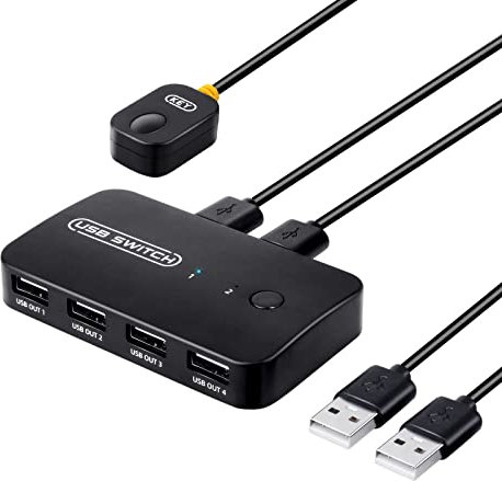 USB Switch 4 Puertos para 2 PCs, Conmutador USB 2 Entradas y 4 Salidas, Compartir 4 USB Dispositivos para Teclado, Ratón, Impresoras, Escáneres con 2 Cable USB y Control Remoto