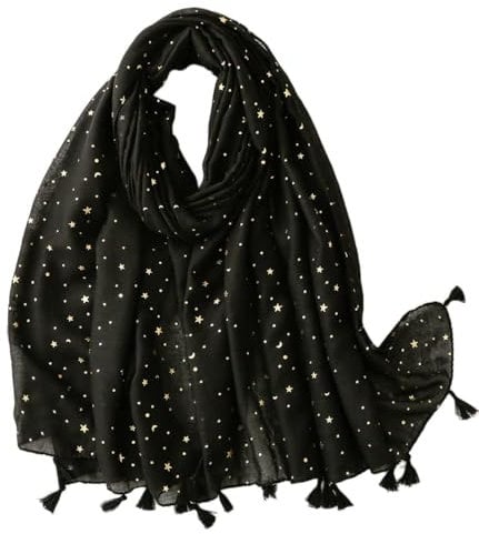 FAIRYGATE Stola für Abendkleid Schal Schwarz Damen mit glänzende Goldflocken Oversize Deckenschal mit Fransen XXL mit Quasten Lange Große Tücher 99016