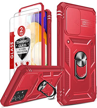 LeYi Hülle für Samsung Galaxy A52S 5G/A52 5G/4G Kameraklappe Handyhülle & 2*Hartglas Glasfolie(Nicht A22 5G),Metallring Schiebekamera Abdeckung Schutzhülle Hybrid Case Ständer Handy Hüllen Cover Rot
