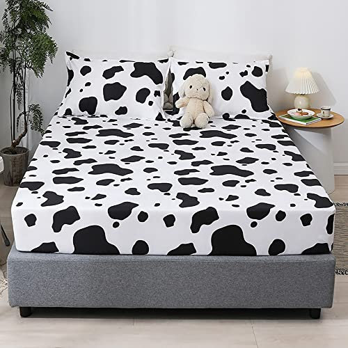 Michorinee Spannbettlaken Kuhflecken 90x200cm Kinder Jungen Schwarz Weiß Kuh Muster Kindermotiv Microfaser Gemustert Spannbetttuch Bettlaken für Matratze bis 25 cm Hohe