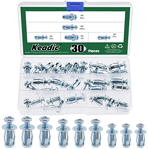 Keadic 60 tuercas M4 M5 M6 Molly Jack con tornillos, kit surtido de tuercas de pétalo de acero, brida grande, tuerca de expansión de cabeza plana, hierro de plástico, metal fino
