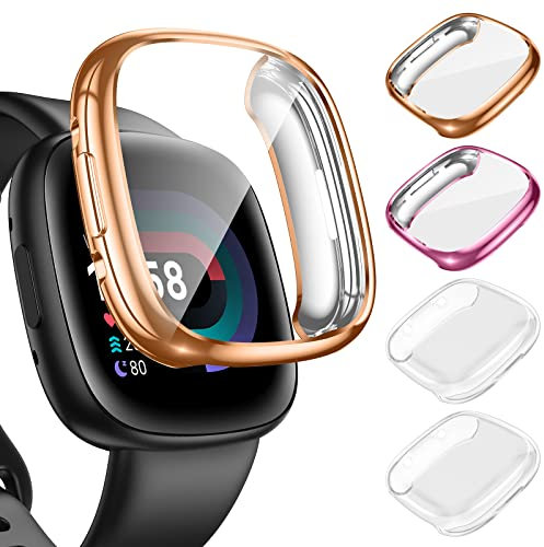 [4Stück] Kamita Schutzhülle für Fitbit Versa 4/Sense 2 Hülle, Weiche TPU Bumper Case mit Schutzfolie, Rundum Schutz Cover Ultradünne Gehäuse für Fitbit Versa4/Sense2 Zubehör (Klar+Klar+Roségold+Rosa)