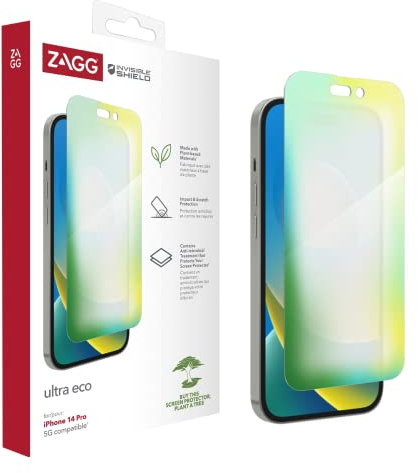 ZAGG InvisibleShield Ultra Eco Screen Protector for iPhone 14 Pro, Shockproof, Scratch Resistant, Organic, Anti-Microbial, (Clear)