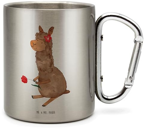 Mr. & Mrs. Panda Karabiner Becher Alpaka Blume - Geschenk, Lama, Edelstahltasse, Alpaka Dekor, Outdoor, Alpaka Witz, Camping, Edelstahlbecher, Alpaka