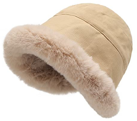 ZLYC Damen Winter Fischerhüte Hut Kunstpelz Cloche Hut mit Fleece Futter(Einfarbig Khaki)