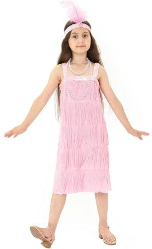 Rabtero Bambini Roaring the 20s Fancy Dress Costume, ragazze Flapper Dress con collana di perle e fascia di piuma, Gangster Flapper Dress per ragazze, rosa, grande 8-10