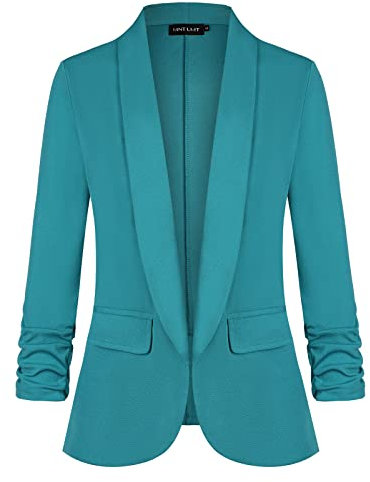 MINTLIMIT Womens Blazer Jacket with 3/4 Ruched Sleeves and Flap Pockets for Casual or Dressy Occasions GN-Cobalt Green M