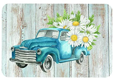 Eslifey Fußmatte für den Innenbereich, Willkommens-Fußmatte, Bauernhof-LKW mit Gänseblümchen auf Holz, dekorativer Eingangsteppich, Garten/Küche/Schlafzimmermatte, rutschfester Gummi, 40,6 x 61 cm