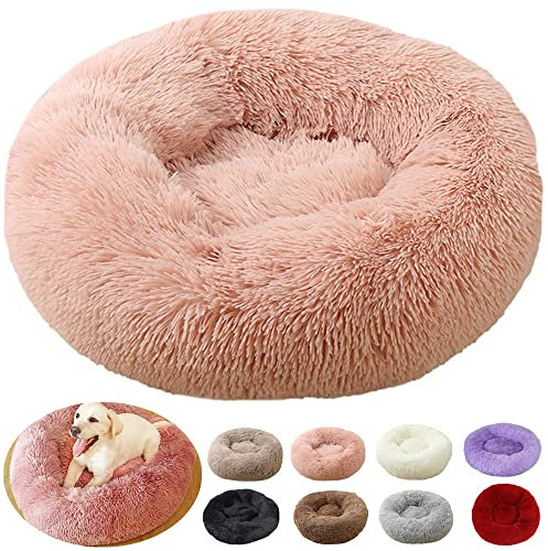 rngcpto Hundekissen Flauschig Hundebett Orthopädisch für Mittelgroße Hunde, Waschbar Hundekissen Katzenbett, Rund Plüsch Hundekörbchen Hundesofa Katzenkissen (60cm, Leder Rosa)