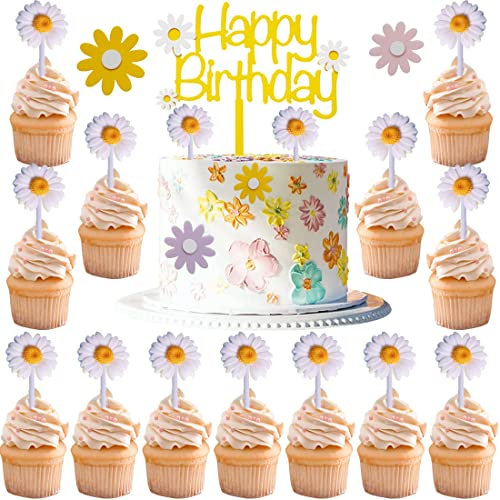 MEZHEN Tortendeko Gänseblümchen Kuchen Deko Blumen Torte Deko Geburtstag Cake Topper Happy Birthday Kuchendeko Boho Sommerparty Geburtstagsparty Deko Kuchen Topper