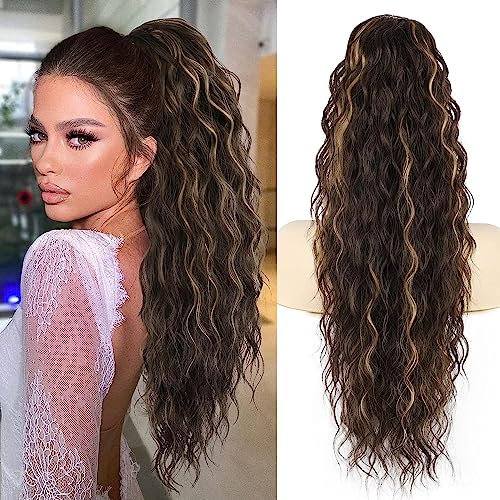 PORSMEER Pferdeschwanz Haarteil Lang 76 cm mit Kordelzug Wellig Locken Ponytail Extension dunkelbraun mit Blond Natürliches Clip in Haarteil Ponytail Haarzopf für Damen Afro Zopf Haarverlängerunge