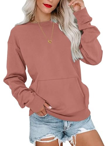 WNEEDU Sweatshirt Damen Rundhalsausschnitt Langarmshirts Herbstoutfits Lässig Bluse Damen mit Känguru Tasche Orange Pink M