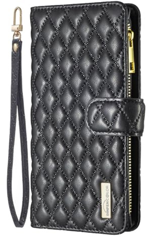 Yiscase Wallet Case fit for iPhone 15 Pro | 9 Card Holder Slots Zipper Pocket Handbag Case | PU Leather Magnetic Closure Kickstand with Wrist Strap TPU Shockproof Flip Case | Black