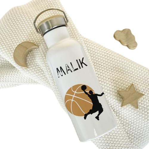 Kinder Trinkflasche mit Namen für Mädchen und Jungen personalisiert/Edelstahl Thermosflasche für Kita Schule als Geschenk | Manufaktur Liebevoll (Basketball)