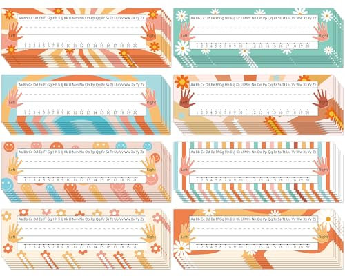 72 Pcs Groovy Name Plates for Classroom Desks Decor Student Desk Name Tags with Alphabet Number Self Adhesive Groovy Name Plates for Kindergarten Classroom Offices Home School Supplies