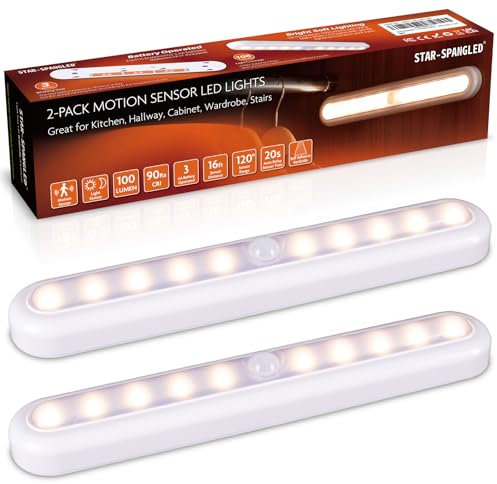 STAR-SPANGLED 11 inch Motion Sensor Lights Indoor AA Battery Powered, Cordless High CRI LED Stick on Lights for Cupboard, Wardrobe, Closet, Cabinet, Kitchen, Stairs, Hallway (Warm White, 2 Pack)