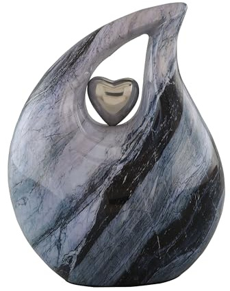 SILENT GOODBYES Urne in Tropfenform – massives Aluminium in Silberwelle für menschliche Asche – Liebesherz in Tropfenform, 210 Kubikzoll, mit Samtbeutel