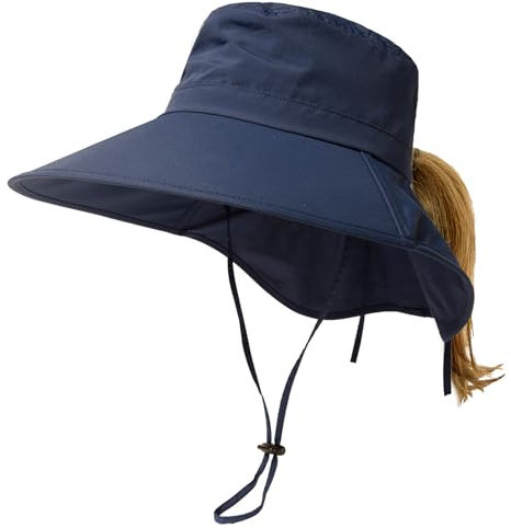 TOP-EX XL/XXL Damen Sonnenhut Pferdeschwanz UV Schutz Faltbar Wasserdicht Outdoor Hut mit Nackenschutz Breite Krempe Sommer Fischerhut Safari Wanderhut Trekking 94601_Navy blau M/L