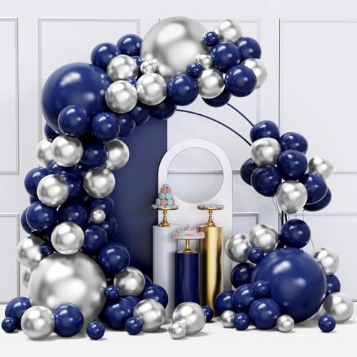 Blaue und silberne Luftballons Bogengirlande-Set, 134 Stück marineblaue und silberne Luftballons mit verschiedenen Größen für Geburtstagsparty, Babyparty, Abschlussball 2024, Dekorationen