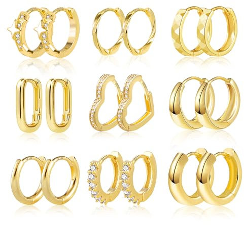 Gold Hoop Earrings Set, ALEXCRAFT 9 Pairs Multipack Small Gold Hoop Earrings for Women, 14k Real Gold Plated Piercing Cartilage Earring Cubic Zircon Twist Heart Square Chunky Hoops Earring