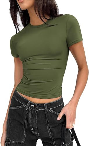 Zeagoo Damen Tshirts Kurzarm Plain Eng Top Elegant Bequem Sommer Oberteile Rundhals Casual Stretch Shirts Armeegrün S