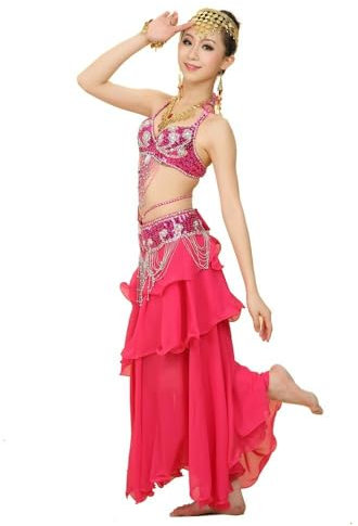 Baisdan Costume da danza del ventre da donna, set reggiseno con cintura, gonna a cerchio intero, costume di carnevale, rosa scuro
