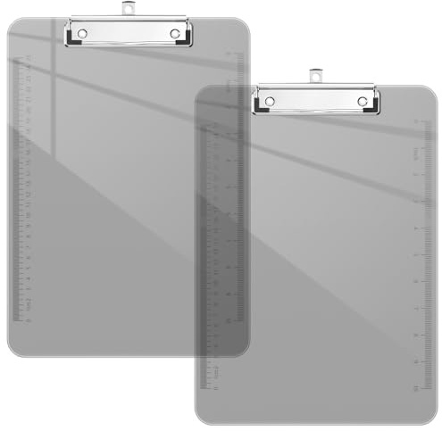 Piasoenc 2er-Pack Kunststoff-Klemmbretter, durchscheinende Lineal-Klemmbretter mit niedrigem Profil, Bürobedarf, Schulbedarf, Briefgröße 22,9 x 31,8 cm, Grau