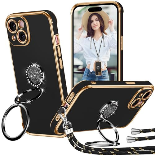 Aekyiwot für iPhone 15 Hülle mit Band, Handyhülle iPhone 15 Herz Doppelring Ständer 360°, Galvanisierte Weich TPU Case Dünn Silikon Stoßfeste Schutzhülle für iPhone 15 Hülle 6.1- Schwarz