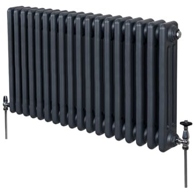 Traditioneller 3-Spalten-Heizkörper 600 x 832mm | Horizontaler Wandheizkörper | Matt Anthrazit Grau Kohlenstoffstahl | Wohn- Badezimmer Küche [Inkl. Reinigungsbürste, Befestigungsset & Halterungen]