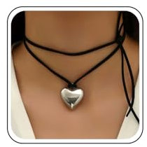 Aneneiceera Vintage Layered Leather Heart Choker Necklace Black Velvet Choker Necklaces Silver Puffy Heart Pendant Necklaces Long Suede Tie Up Choker Necklace Jewelry for Women