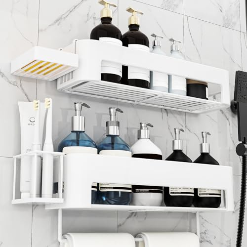 necvha Rustproof Shower Caddy, 4 Pack Shower Shelf No Drilling, 15.15in Large Capacity Shower Shelves Wall-Mounted Bathroom Organiser Storage (White)