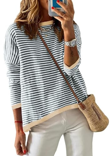 Cuptacc Damen Pullover Gestreiftes Rundhals Sweatshirt Damen Casual Langarmshirt Baumwolle Shirt Grau2 Klein S 34-36