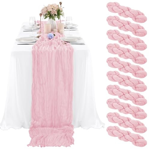 10 Stück Hellrosa Seihtuch-Tischläufer, 3 m, Gaze-Tischläufer für Hochzeitsempfang, transparent, Brautparty, Geburtstagsparty, Boho-Tischdekoration, rustikaler romantischer Hochzeitsläufer