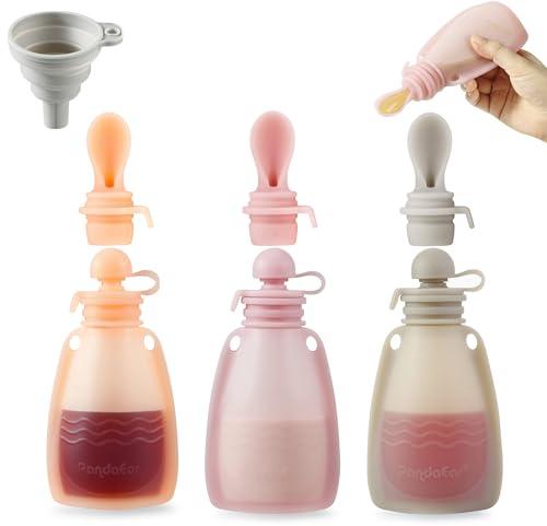 PandaEar 3 Pack wiederverwendbare Silikon-Babynahrungsbeutel Squeeze Beutel für Kleinkinder Kinder mit 3 Silikon Püree Feeder Löffel BPA-frei .5oz