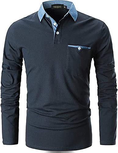 VHUQGVU Mens Stylish Polo Cotton Long Sleeve Contrasting Color Regular Top Golf Shirt,Blue 01,XL