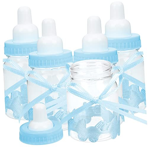 SHOWERORO 24 Stück Kartons Miniflasche Flaschenbevorzugungen Süßigkeiten Aus Der Babyflasche Kleine Stillflaschen Für Babys Brotkorb Mit Deckel Schnuller Für Neugeborene P.s Blue