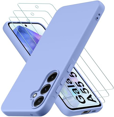 Coque pour Samsung Galaxy A55 5G, avec 3 Pièces Verre trempé Protection écran, Couche Intérieure Douce, Mince Souple Silicone Étui Protection Antichoc Bumper Housse TPU Téléphone Case Cover, Violet
