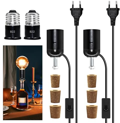 DIY Lampenfassung für Flaschen, 2 Stück Flaschenadapter Lampe, E27 Fassung mit Kabel und Schalter 7.87Ft, Flaschenlampe Aufsatz, Flaschenlampe Aufsatz für Tischlampe, Flaschenlicht mit 3 Kork, 60W