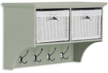 Statement Furniture Tetbury Wall Mounted Coat Rack with Storage Baskets | W78 H43 D28 cm | 2 Wicker Baskets, 4 Hooks | Fully Assembled Quality Hallway Hanging Shelf (sage green)