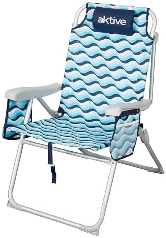 AKTIVE Silla de Playa Plegable, 64x63x43/105 cm, Aluminio y poliéster, 5 Posiciones, con Asas de Mochila, Reposabrazos y Bolsillos Laterales, Antivuelco, Resistente y Ligera, Modelo Aruba (62416)
