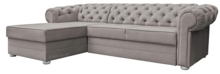 mb-moebel Chesterfield Ecksofa mit Schlaffunktion Sofa mit Ottomane Eckgarnitur Polsterecke Couch mit Bettkasten Samt (Velour) Glamour Wohnlandschaft - 280x180x81cm - Avia (Beige (Paros 03), Links)