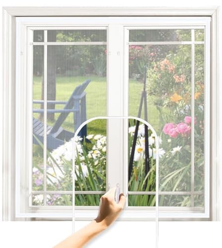 47'' x 47'' Adjustable Window Fly Screen, Fiberglass Mesh Mosquito Netting with Zipper Hook and Sticky Tape, Can Be Cut DIY Cat Proof Window Net for Summer Patio Keep Bugs Out