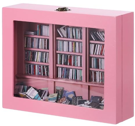 PATIKIL Anxiety Bookshelf, Wood Mini Bookshelf Shake Away Your Anxiety Tiny Book Shelf Miniature Book Library with Mini Books for Book Lovers Home Room Office Decor, Pink