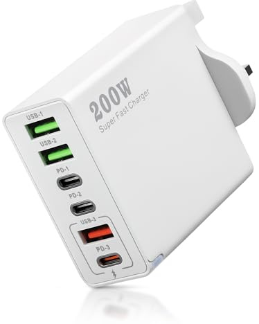 200W 6-Port USB Charging Station, usb c multi charger, 200W 6-Port USB Charging Station with PD 100W/65W/45W/20W, charging station for MacBook, Dell, iPhone 15/16/14 Pro, Steam Deck, i Pads