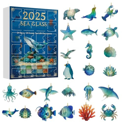 Seeglas Meerestiere Adventskalender 2025, 24 Tage Meere Anhänger Weihnachtskalender 2025, Seeglas Meere Tiere Anhänger Adventskalender 2D Acryl Ornament Für Familien Spaß Aktivitäten