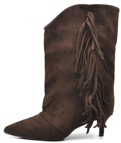 IF Stivali Donna Western con Frange e Gambale Largo – Stivaletti a Punta Casual Con Tacchetto GA055 Marrone N.40
