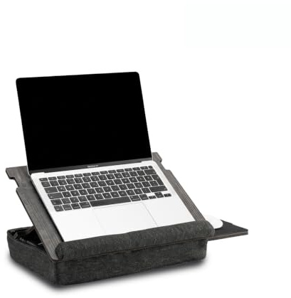 Vigo - Supporto in legno per laptop, con cuscino e inclinazione regolabile, scrivania da lavoro con vano portaoggetti e cassetto per tappetino per mouse (Cambridge-nero)
