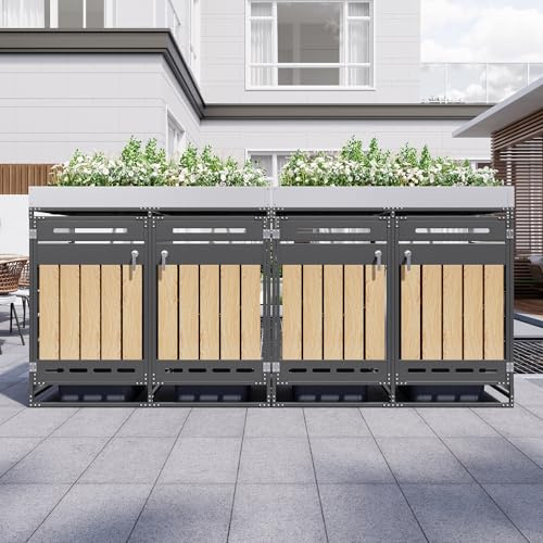 Set di 4 scatole per bidoni della spazzatura con fioriera, pannelli verticali a venatura del legno, ventilazione a fori lunghi, armadietto da giardino in ferro con serratura, colore nero