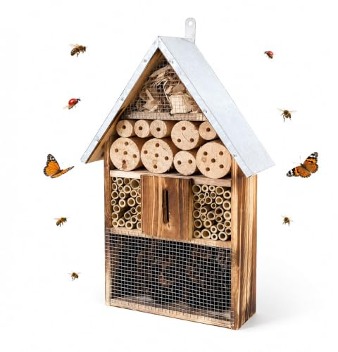 Relaxdays Insektenhotel, Holz, wetterfestes Metalldach, HxBxT: 48 x 31 x 10 cm, Insektenhaus zum Aufhängen, geflammt