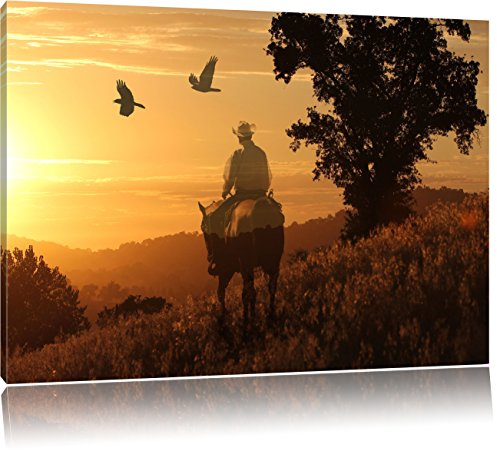 Pixxprint EIN Cowboy im Sonnenuntergang, Größe: 80x60cm, Leinwandbild, fertig gespannt, Wandbild, Dekoration, Kunstdruck, kein Poster